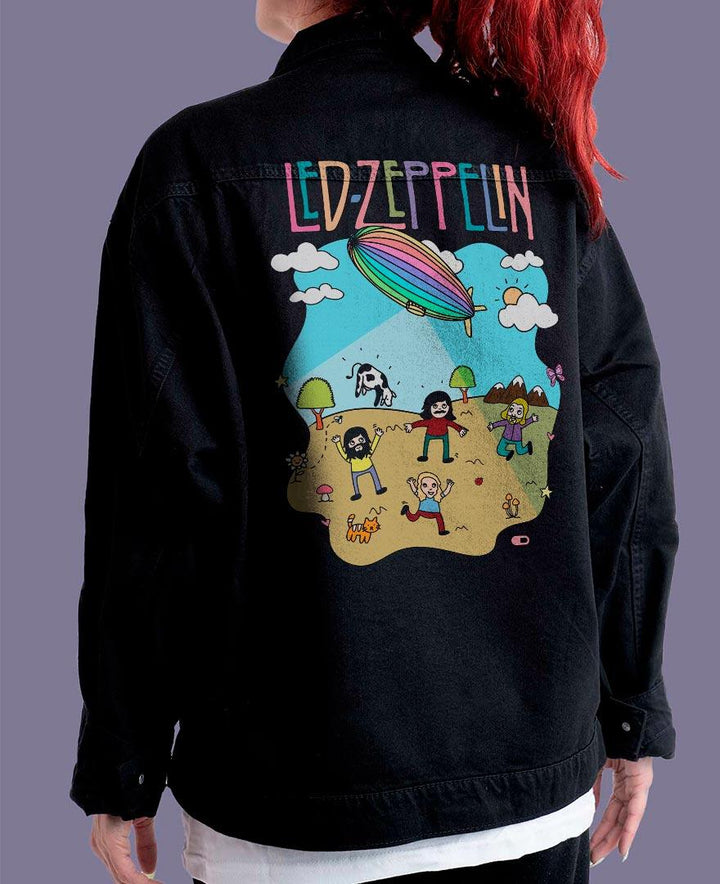 Jaqueta Jeans Preta Oversize Unissex Led Zeppelin Cute