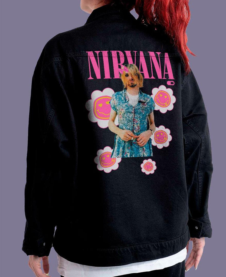 Jaqueta Jeans Preta Oversize Unissex Nirvana Kurt Cobain Cute