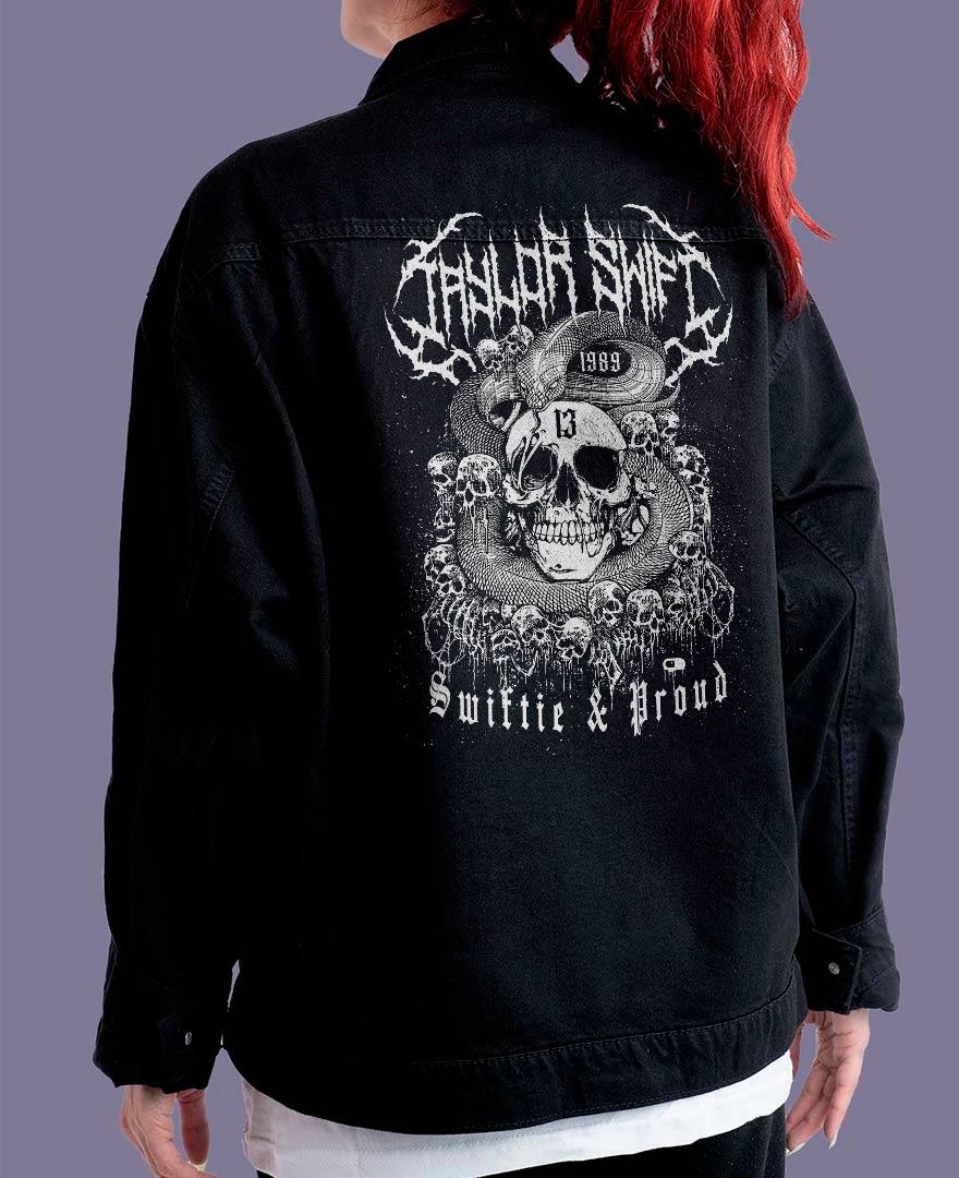 Jaqueta Jeans Preta Oversized Unissex Taylor Swift Death Metal - Cápsula Shop